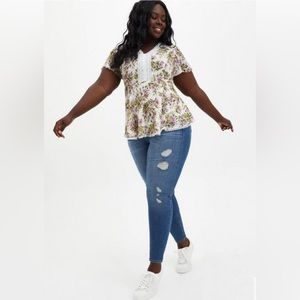 Torrid White & Purple Floral Peplum Chiffon Clip Dot Lace Inset Blouse 2X